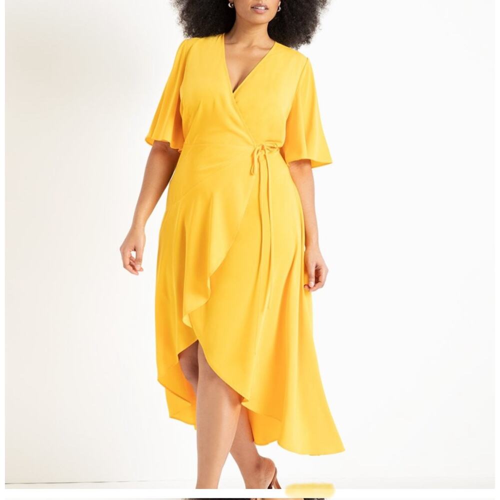 NWT‎ Eloquii Wrap Dress High Low Hem Flutter Sleeve Yellow Gold Size 14
